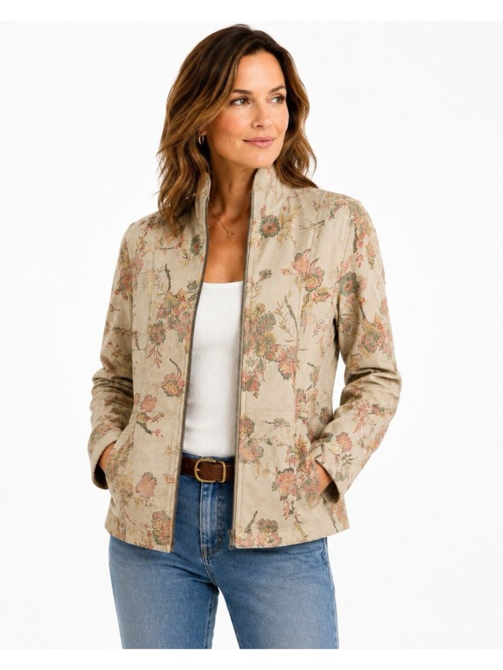 OVERLAND SASHA reversible lambskin leather suede jacket large floral lightweight